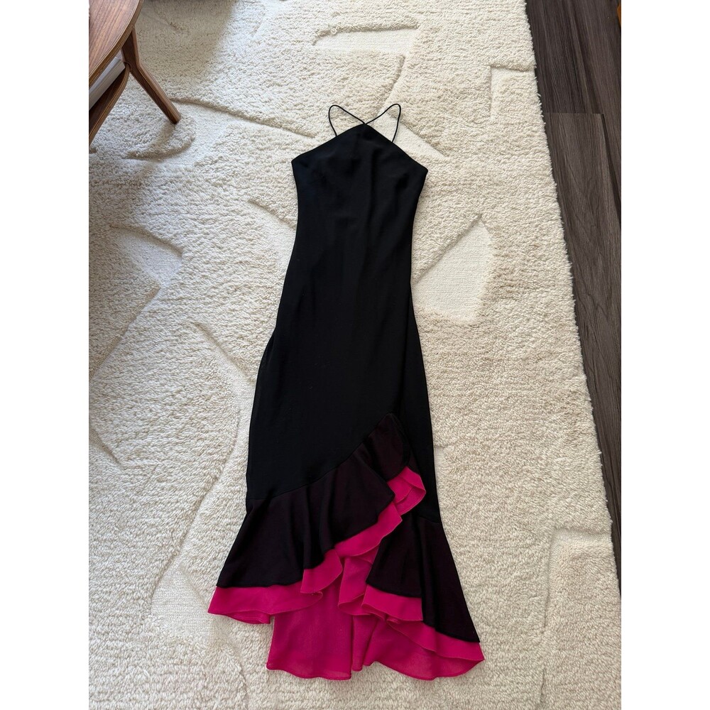 Vtg Y2K Blondie Nites by Jaslene Black Hot Pink Ruffle Halter Dress Gown Size 3